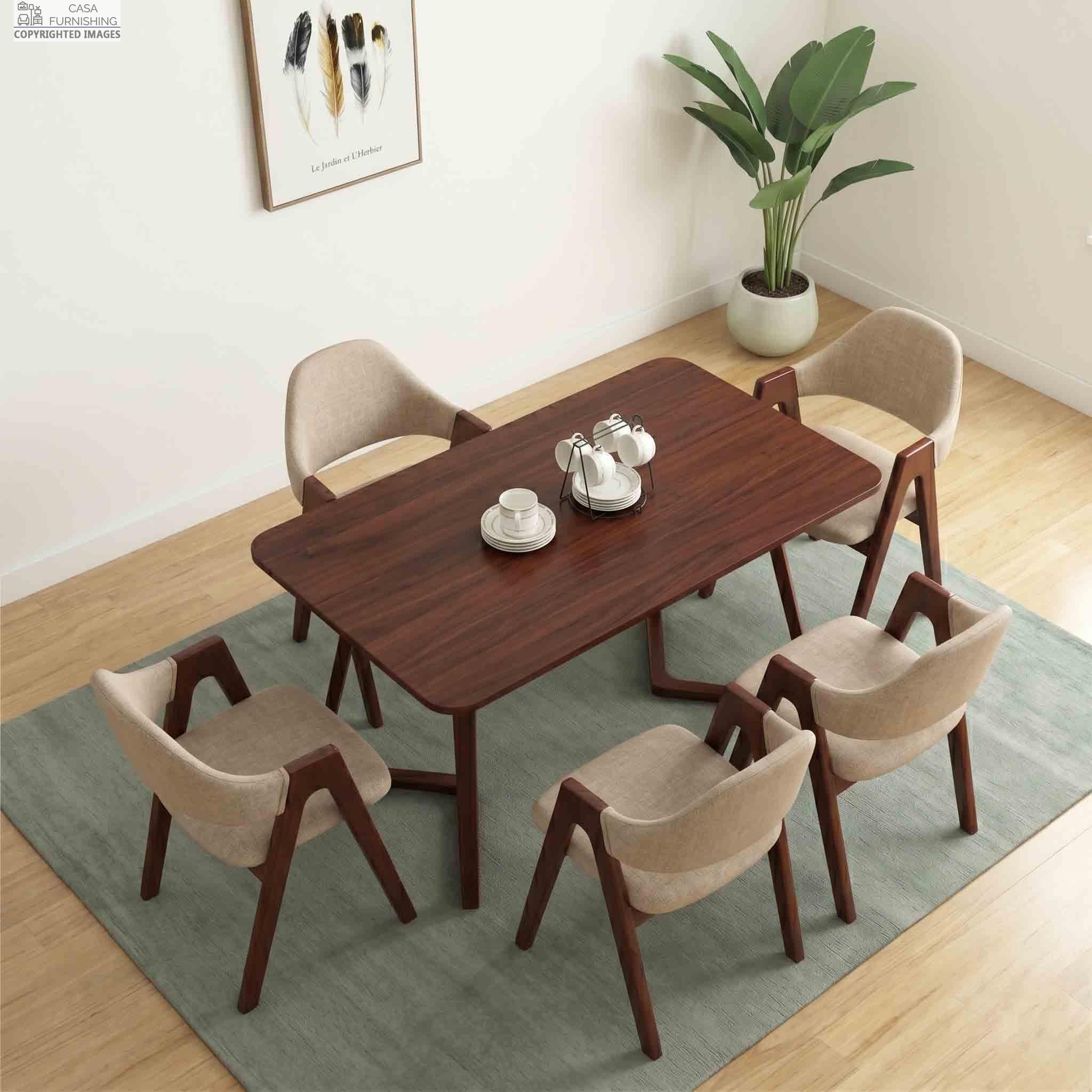 Contemporary Walnut Finish 6 Seater Wooden Dining Set for Dining Room