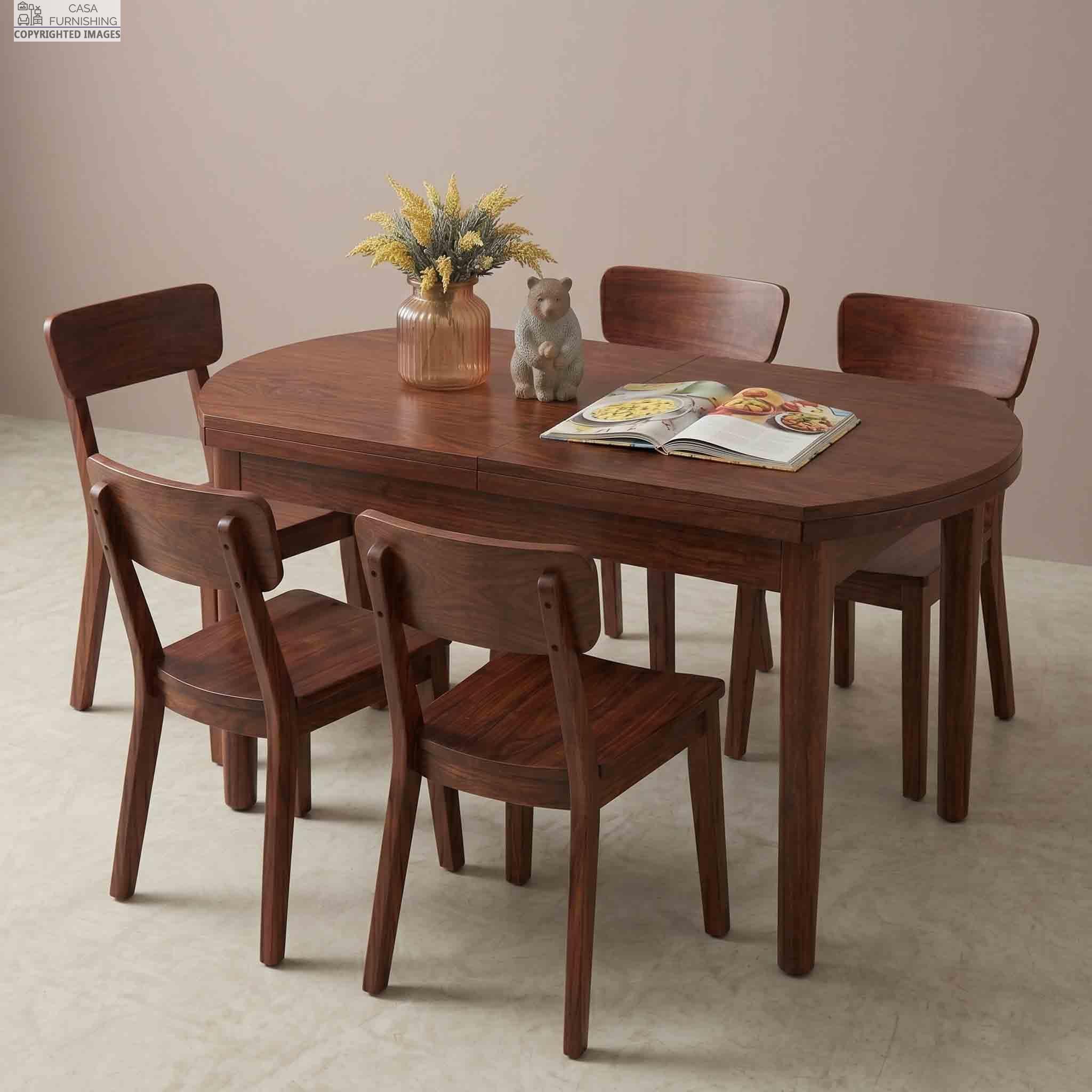 Luxury Solid Wood 6 Seater Dining Room Furniture Set with Expandable Oval Table