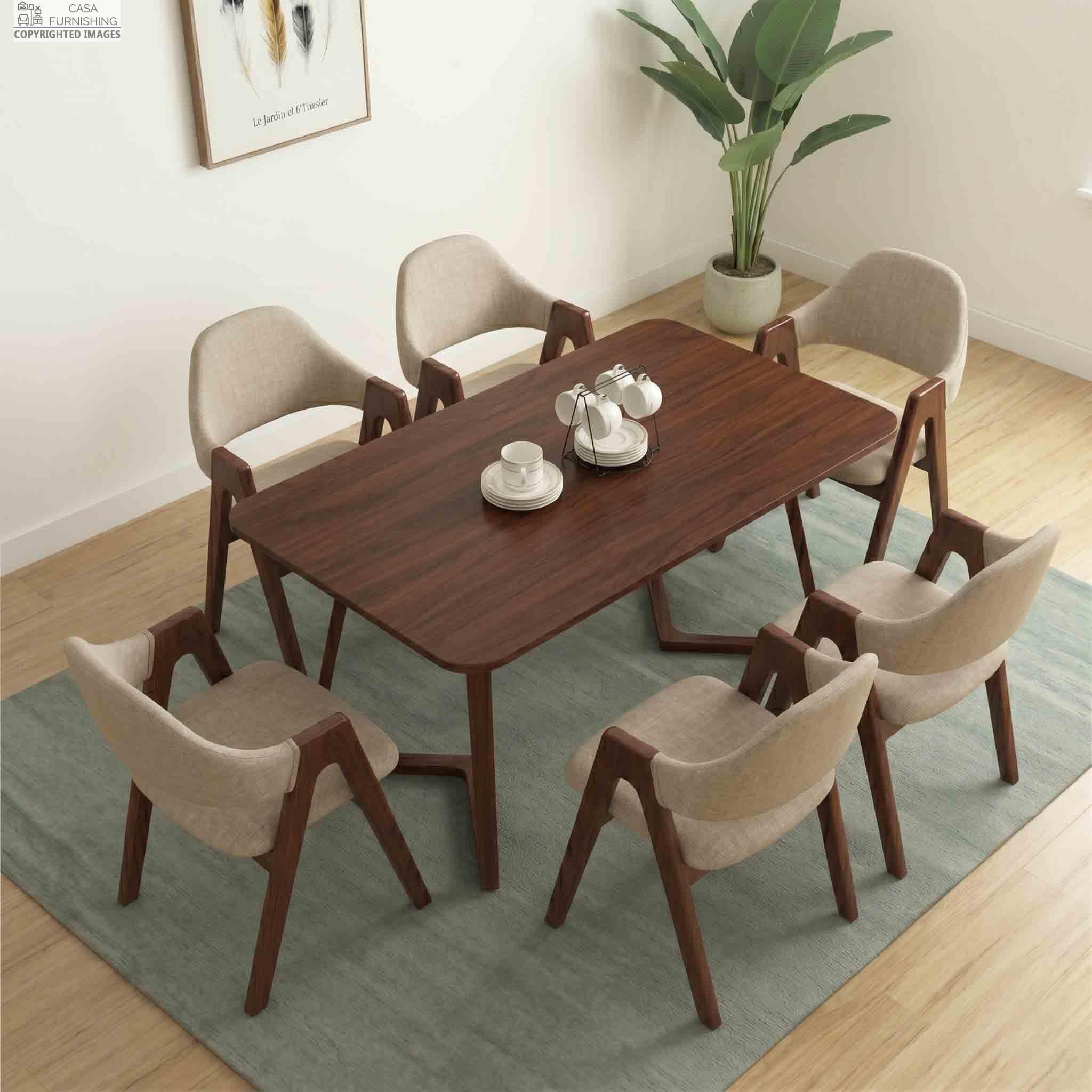 Luxury Solid Wood 6 Seater Dining Table and Cream Fabric Chairs