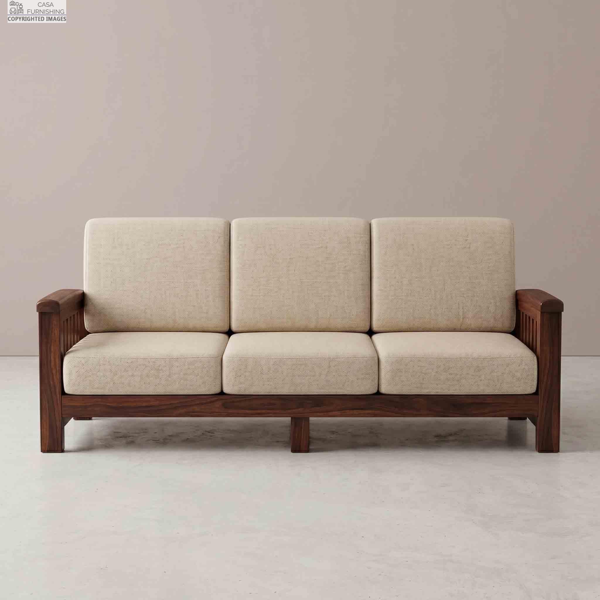 Minimalist Solid Wood 3 Seater Sofa Set with Divided Cushions in Walnut Finish