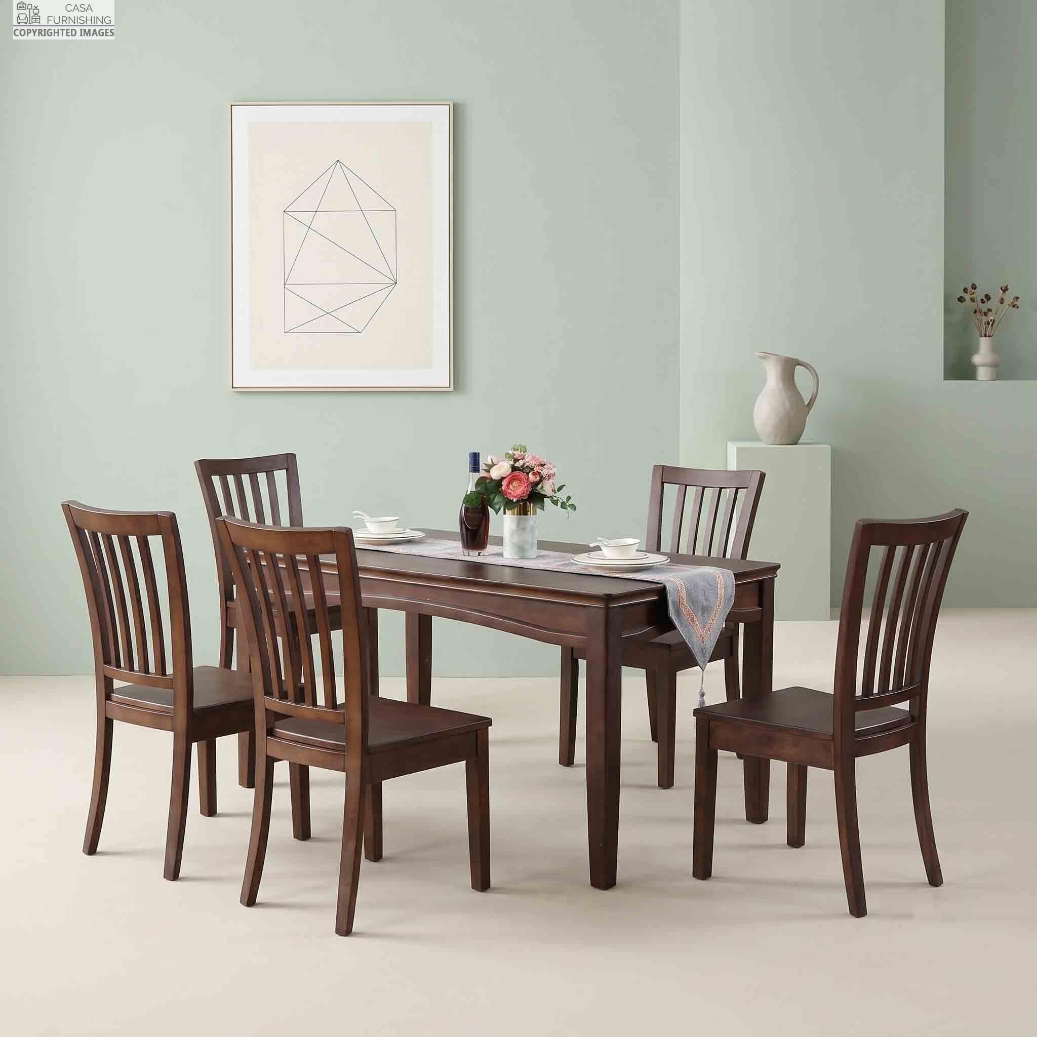 Minimalist Solid Wood 6 Seater Dining Table Set - Durable Wooden Kitchen & Dining Room Furniture Casa Furnishing premium solid wood 6-seater dining table set featuring a rectangular dark finish wooden table and elegant slatted-back chairs.