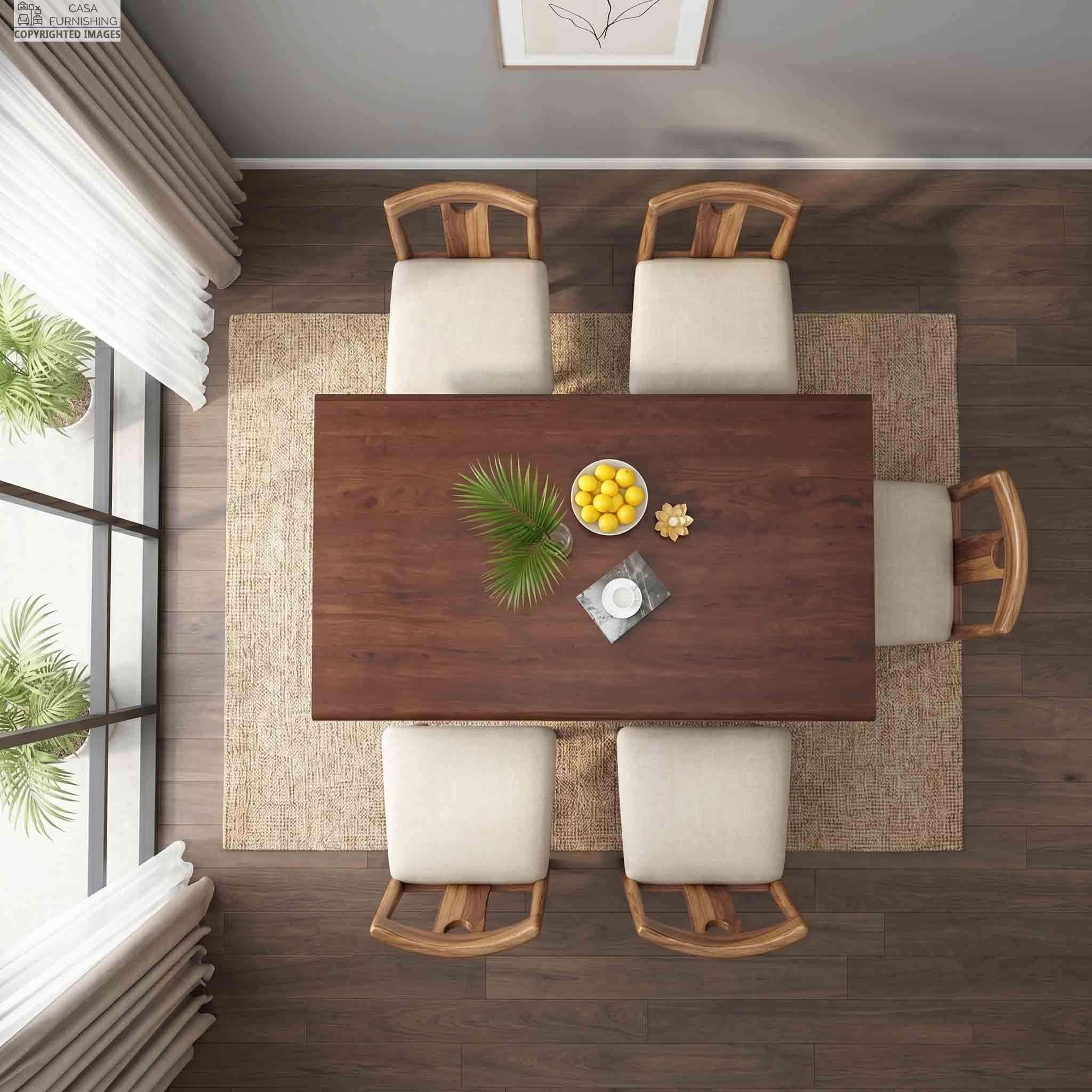 Modern-6-Seater-Sheesham-Wood-Dining-Table-Set-with-Cushioned-Chairs-Top-View Overhead top-down view of a rectangular solid wood dining table layout featuring six comfortable cream upholstered chairs.