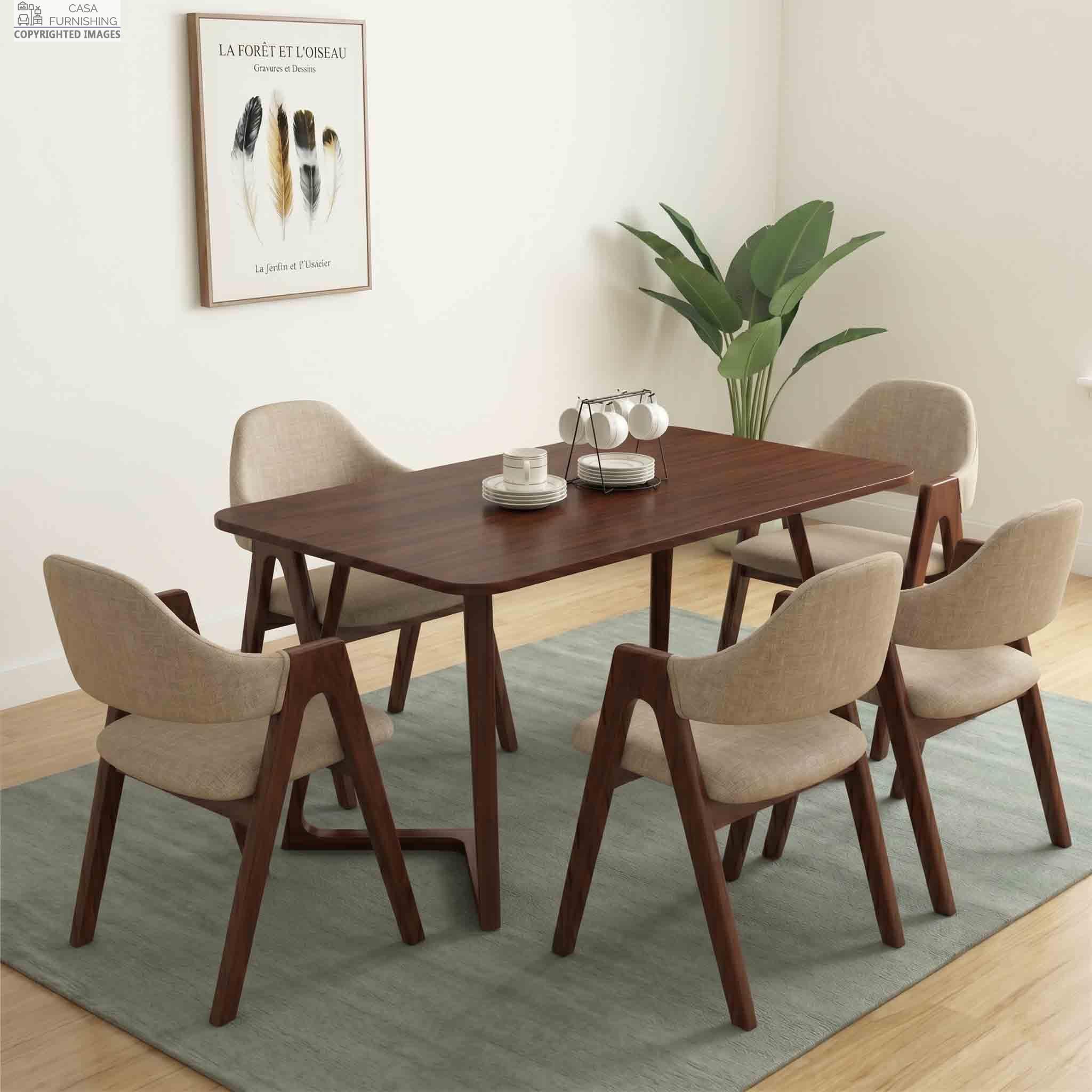 Modern 6 Seater Sheesham Wood Dining Table Set with Upholstered Chairs
