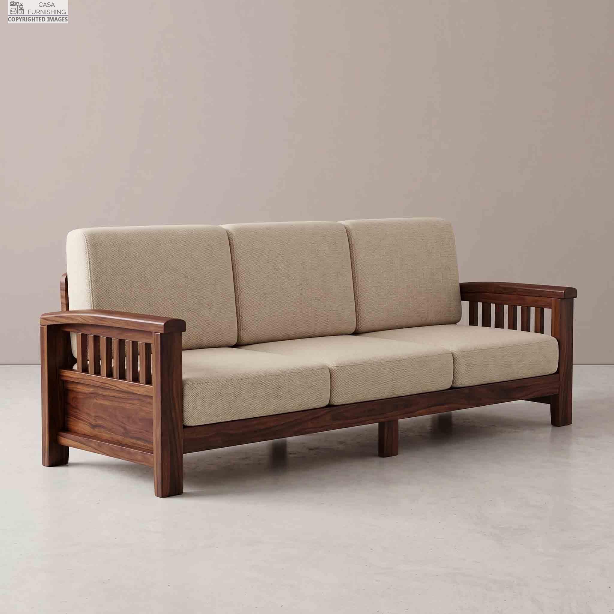 Modern Sheesham Wood 3 Seater Sofa with Cream Fabric Cushions for Living Room