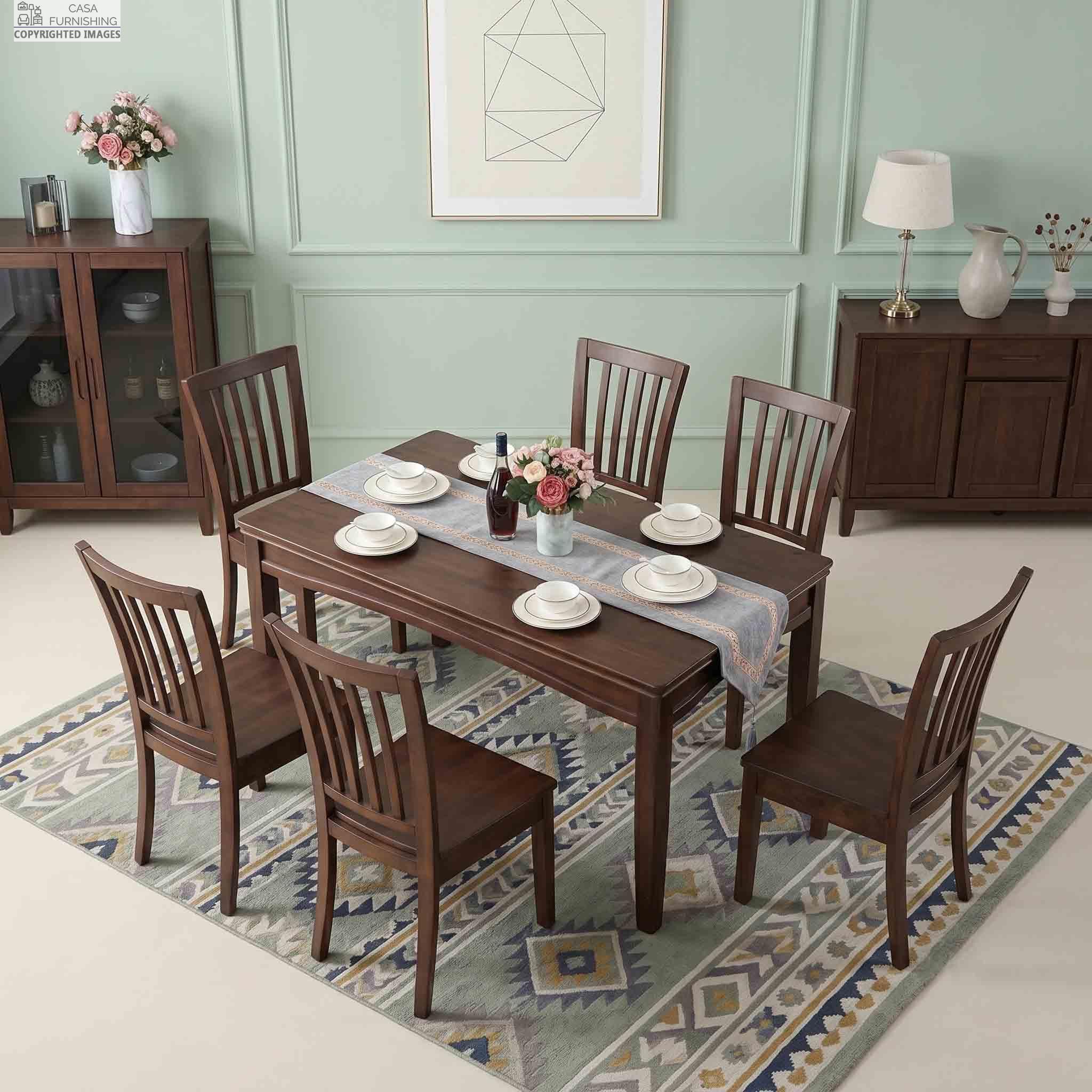 Modern Sheesham Wood Dining Table 6 Seater Luxury Set - Elegant Walnut Finish Furniture for Dining Room Contemporary dark wood rectangular dining table and six matching solid wood chairs set against a minimalist green accent wall.