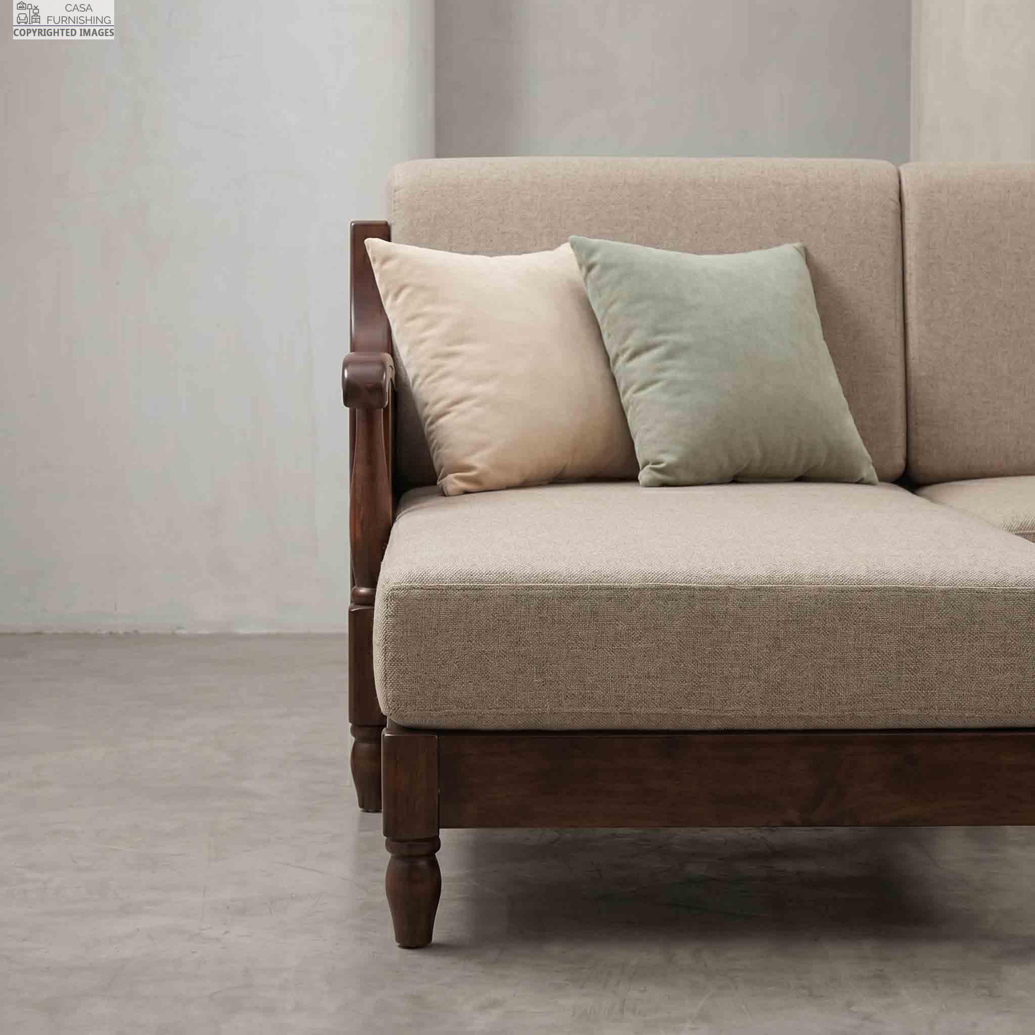 Modern Sheesham Wood L Shape Sectional Sofa Set with Beige Fabric Cushions