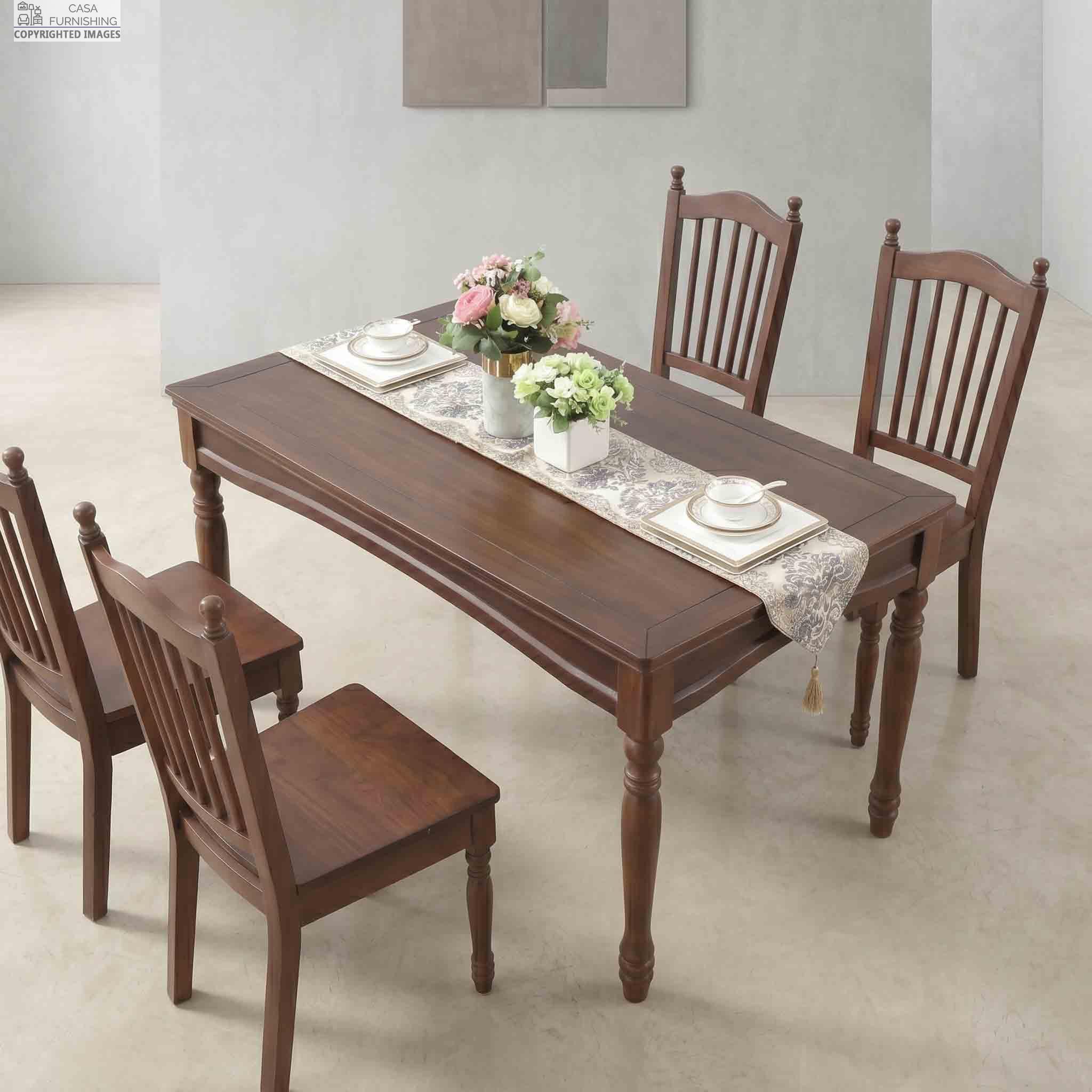 Modern-Wooden-4-Seater-Dining-Room-Furniture-Set-Walnut-Finish High-angle perspective view of a luxury 6-seater wooden dining table layout featuring an elegant fabric runner and fresh floral centerpieces.