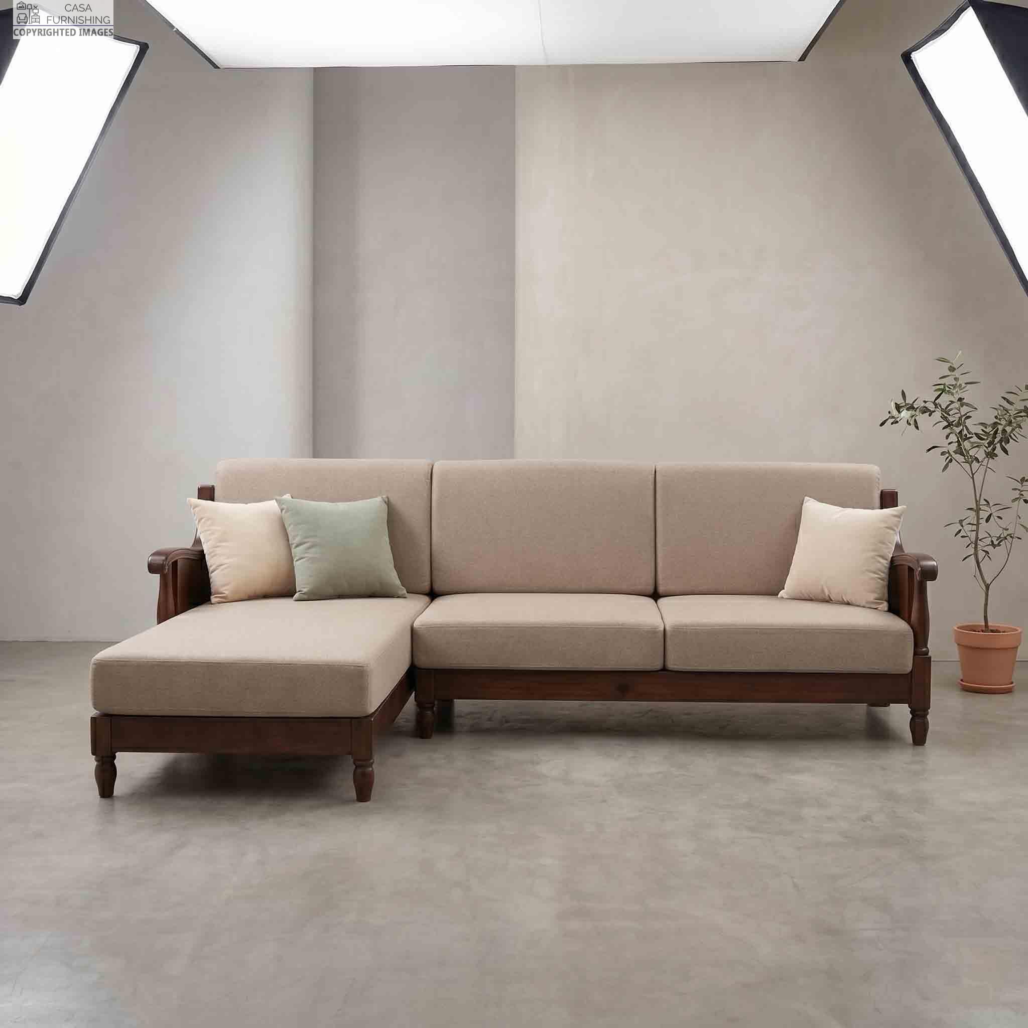 Premium 3 Seater Wooden Sectional Sofa Set with Lounger for Living Room