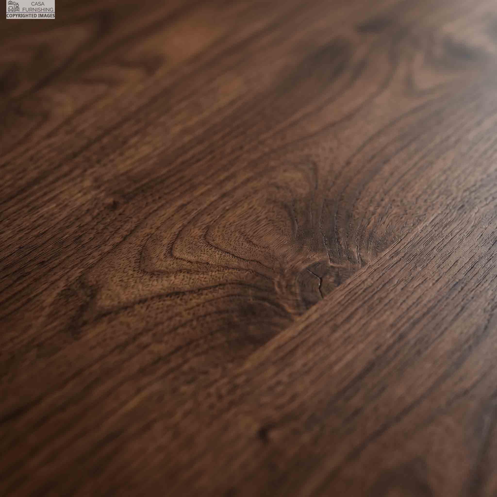 Premium Solid Sheesham Wood Grain Texture Close Up Detail Textural close-up of a premium dark Sheesham wood dining table surface, emphasizing the deep and intricate natural grain patterns.