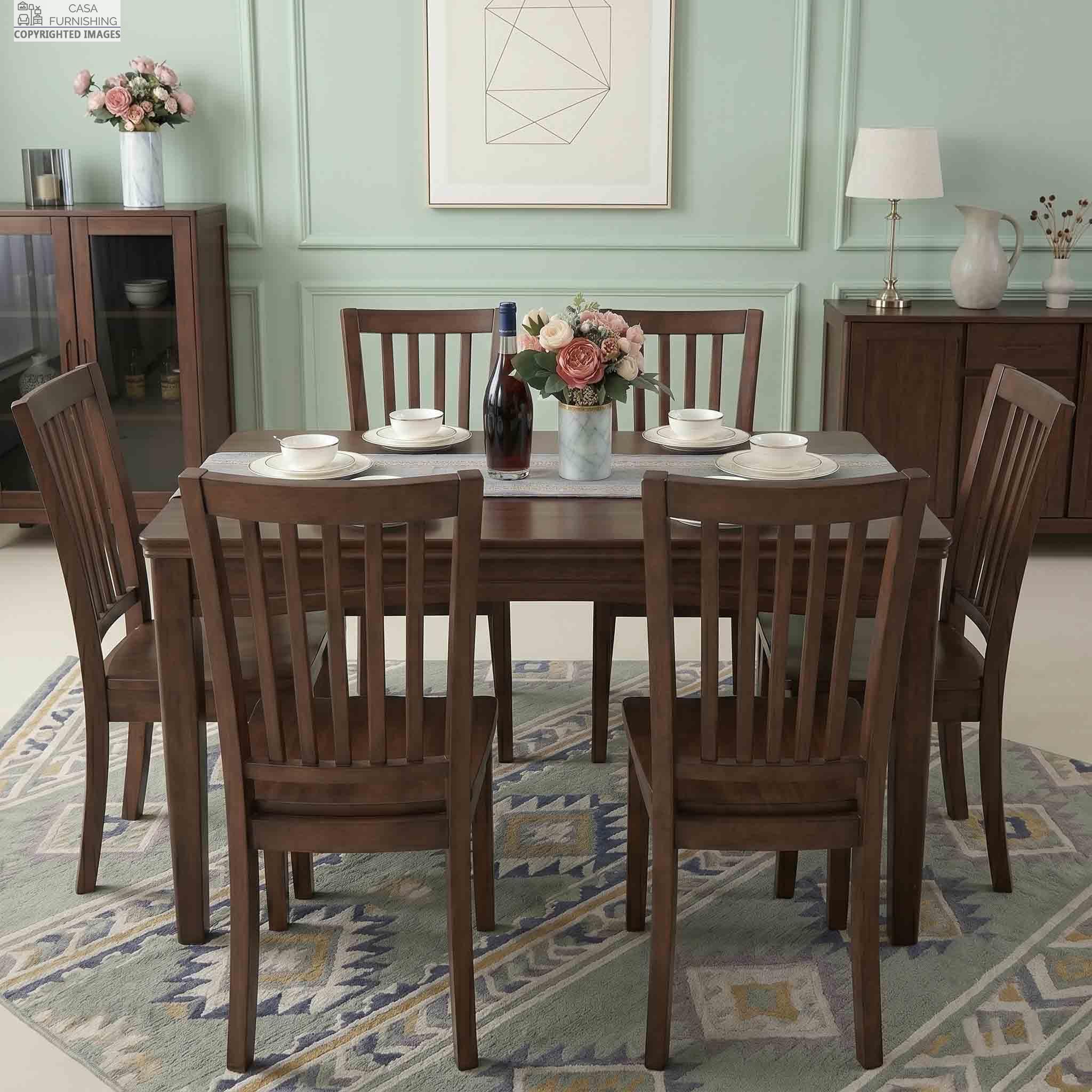 Premium Solid Wood 6 Seater Dining Set - Contemporary Wooden Dining Table and 6 Chairs for Home Front view of a luxury dark walnut finish solid wood 6-seater dining table set with elegant slatted chairs and tabletop decor.