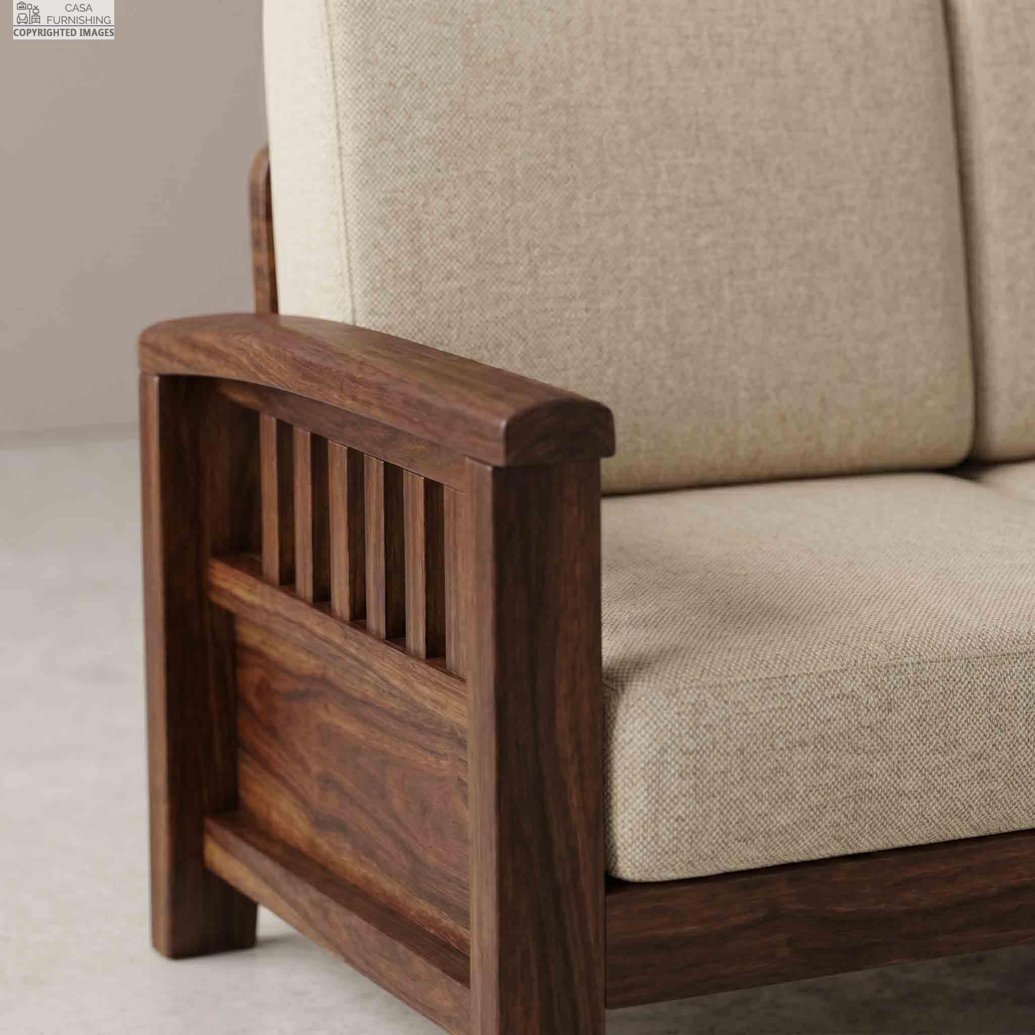 Premium Solid Wood Sofa Armrest Detail - Natural Grain Finish Wooden Couch