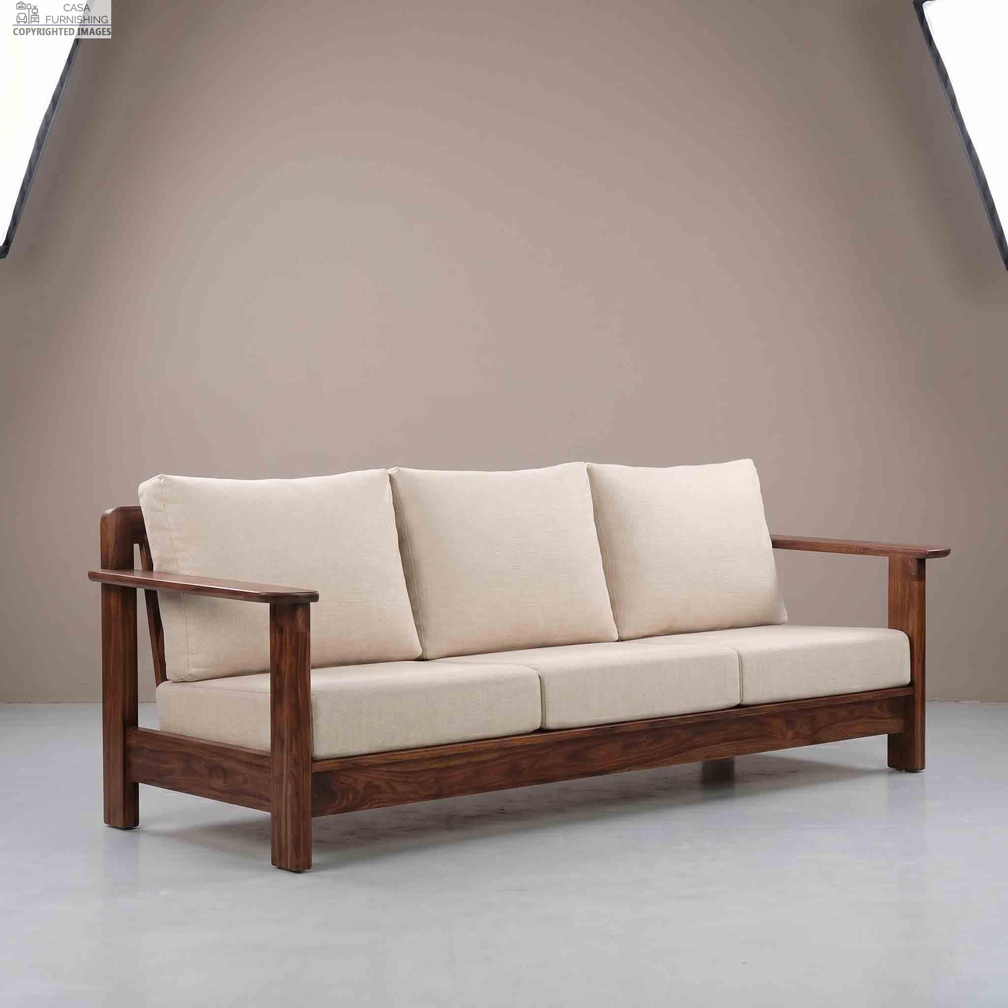 Solid Sheesham Wood 3 Seater Sofa with Cream Cushions