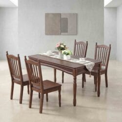 Casa Furnishing classic 6-seater solid wood dining table set with elegant vertical slatted wooden chairs in a minimalist modern dining room.