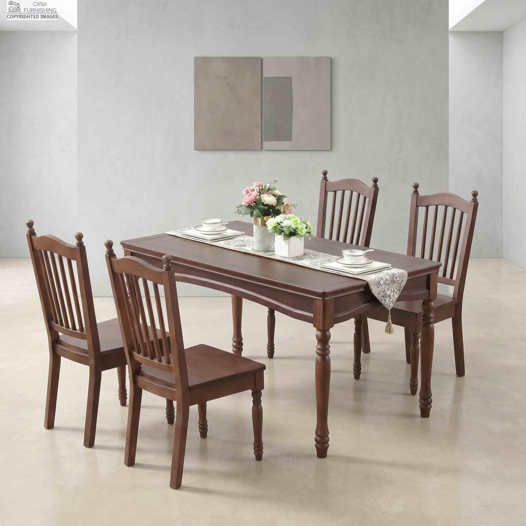 Solid-Sheesham-Wood-4-Seater-Dining-Table-Set-with-Chairs Casa Furnishing classic 6-seater solid wood dining table set with elegant vertical slatted wooden chairs in a minimalist modern dining room.