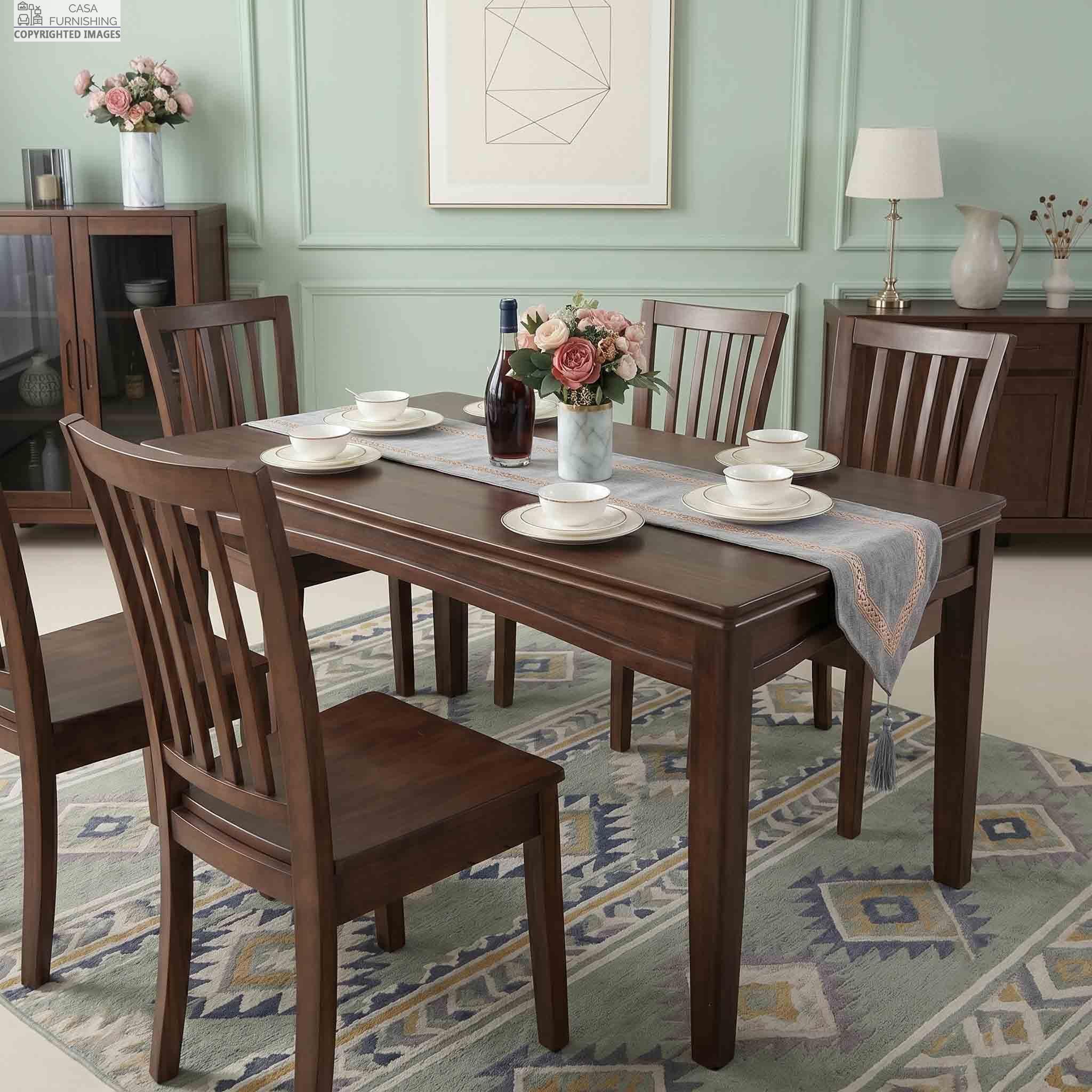 Solid Sheesham Wood 6 Seater Dining Table Set with Chairs for Dining Room - Modern Walnut Finish Casa Furnishing premium 6-seater solid wood dining table set with classic slatted-back wooden chairs in a beautifully styled dining room.