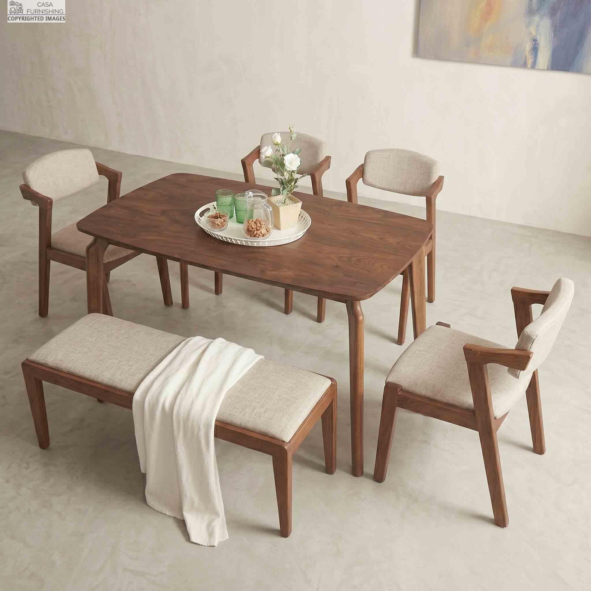 6 Seater Solid Wood Dining Table Set with 4 Upholstered Chairs and Bench