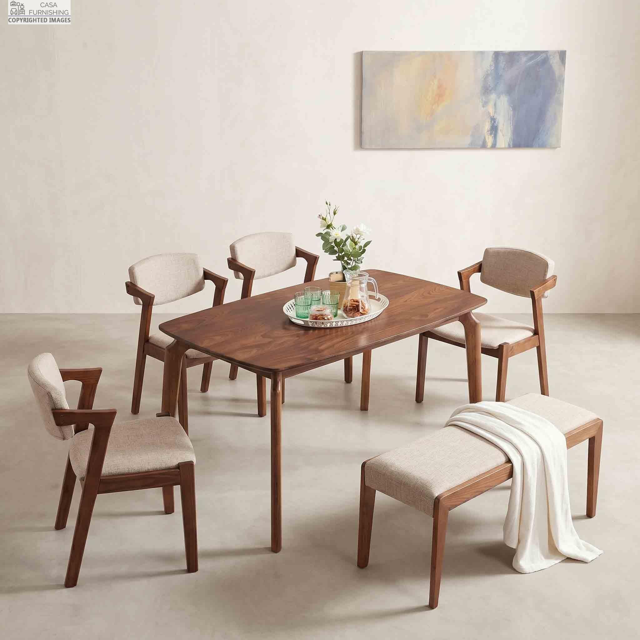 Contemporary Walnut Finish Wooden Dining Table Set with Bench Seating