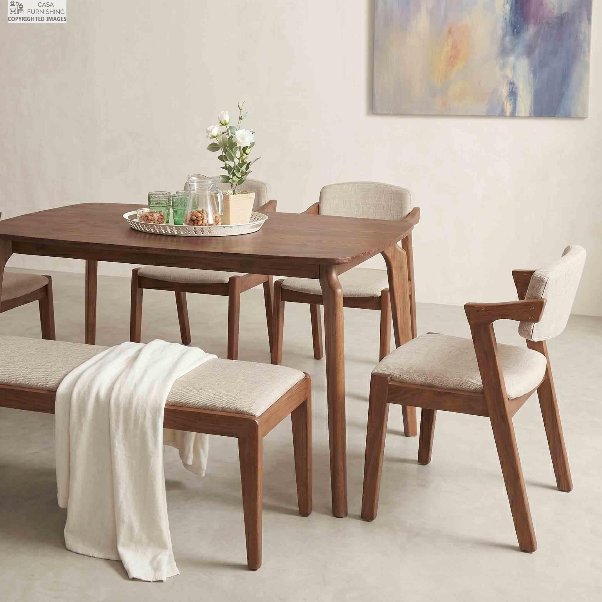 Modern Wooden Dining Set with Cushioned Chairs and Matching Dining Bench