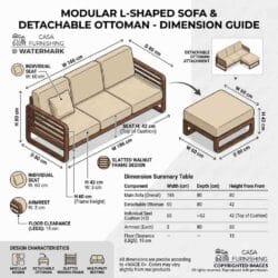 Size chart and dimension guide for a modular wooden L-shaped sofa and detachable upholstered ottoman with slatted frame design.
