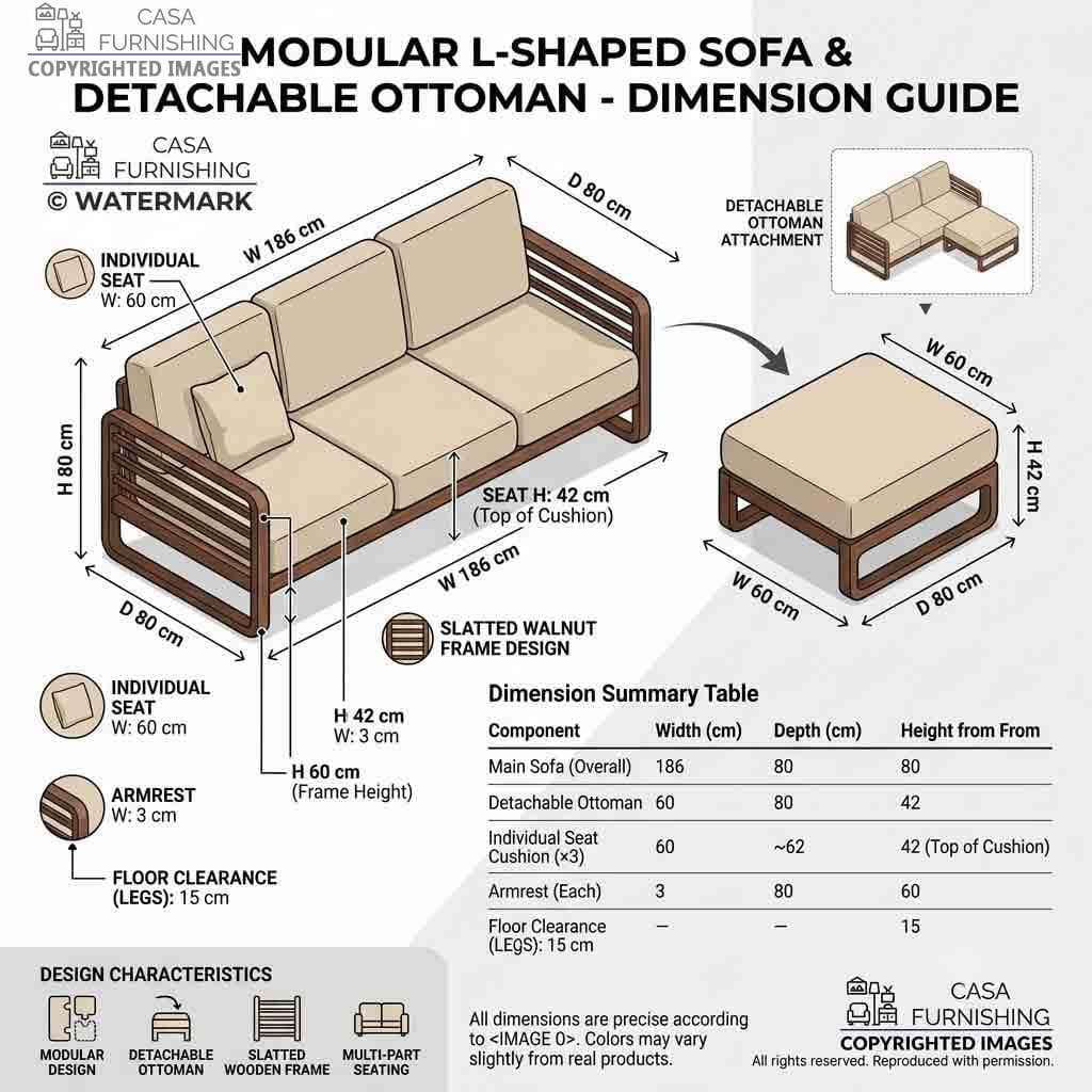 004 SKU Dimensional infographic by Casa Furnishing Size chart and dimension guide for a modular wooden L-shaped sofa and detachable upholstered ottoman with slatted frame design.
