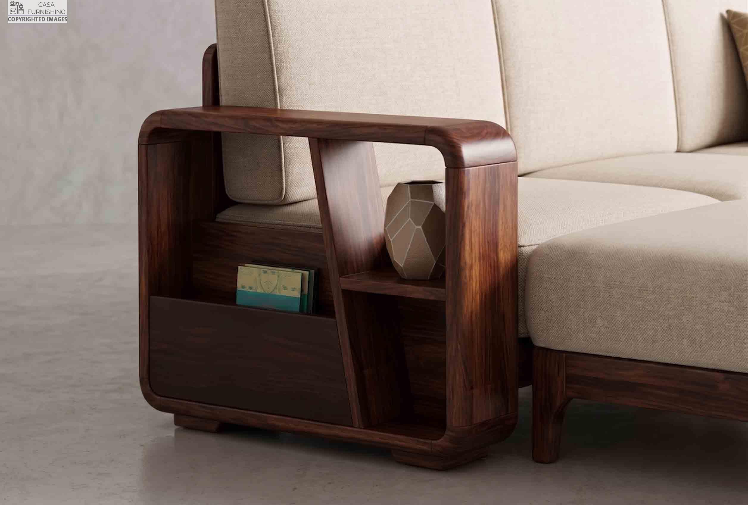 Close Up View of Premium Wooden Sofa Armrest with Built In Storage Shelves