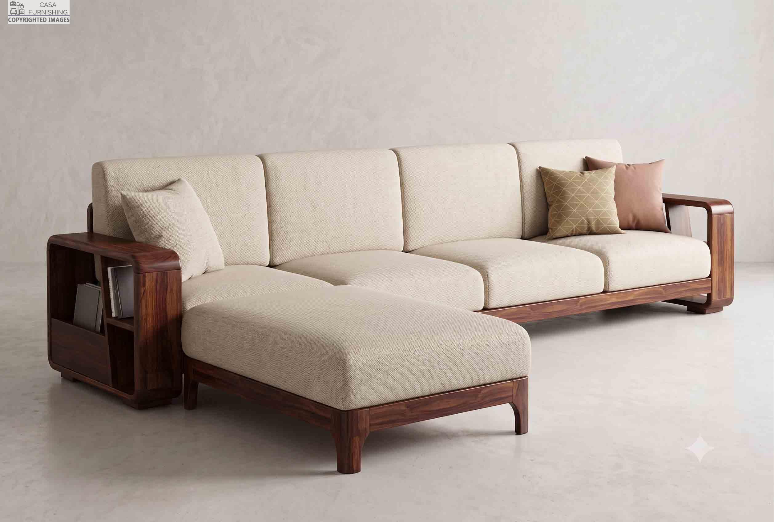 Solid Wood L Shape Sofa Set with Magazine Storage Armrest for Living Room Modern solid wood L-shaped sectional sofa with cream fabric cushions and an integrated magazine holder side-table armrest.