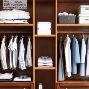 Close-up internal organizer view of a premium solid wood wardrobe showing clothing hanging rails, neatly stacked clothes, and shelf storage boxes.