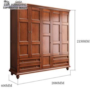 Dimension details diagram of a classic Casa Furnishing multi-door solid wood wardrobe with measurements of 2080MM width, 2150MM height, and 600MM depth.