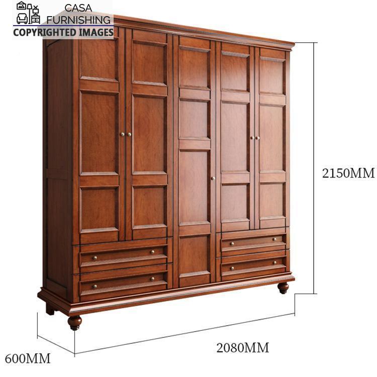4-door-wardrobe-with-drawers-6-1.jpg Dimension details diagram of a classic Casa Furnishing multi-door solid wood wardrobe with measurements of 2080MM width, 2150MM height, and 600MM depth.