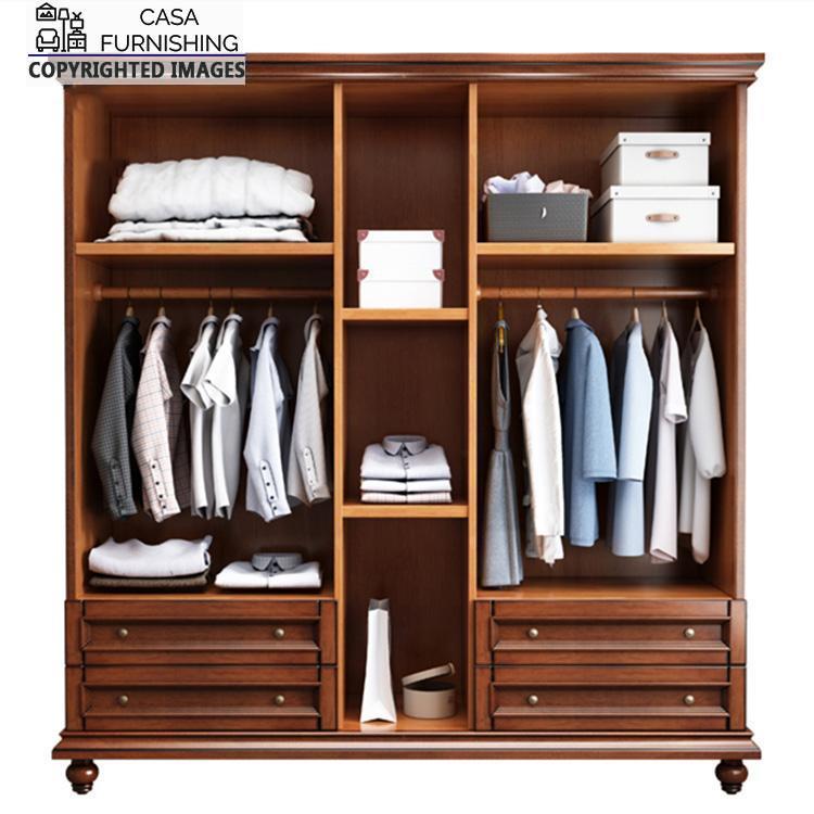 4-door-wardrobe-with-drawers-7-1.jpg Full front open view of a large traditional wooden wardrobe showing multi-compartment interior storage layout with shelves, clothes hanging rods, and pull-out drawers.