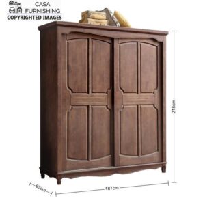 Dimension schematic diagram of a Casa Furnishing 2-door sliding wooden wardrobe with elegant arched panels, detailing measurements of 187cm width, 218cm height, and 63cm depth.
