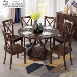 Round solid wood dining table set with 6 cross-back chairs in a dark walnut finish by Casa Furnishing, featuring a unique geometric pedestal base.