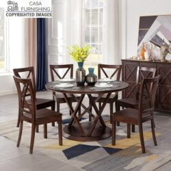 Round solid wood 6-seater dining table set with cross-back chairs in a dark walnut finish by Casa Furnishing, featuring a geometric pedestal base.