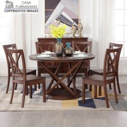 Round solid wood 6-seater dining table set featuring cross-back chairs in a dark walnut finish, handcrafted by Casa Furnishing.