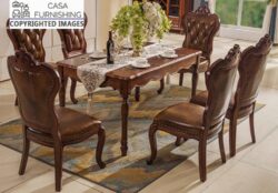 Victorian-style solid wood dining table set with a dark mahogany finish and six high-back tufted brown leather chairs by Casa Furnishing.