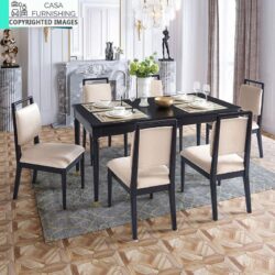 Elegant 6-seater solid wood dining table set in a modern black finish with beige upholstered chairs and gold-accented legs by Casa Furnishing.