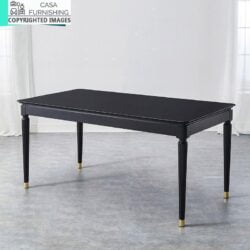 Sleek black rectangular dining table made of high-quality solid wood by Casa Furnishing. Professional studio shot of a modern wooden furniture piece with unique metallic leg details.