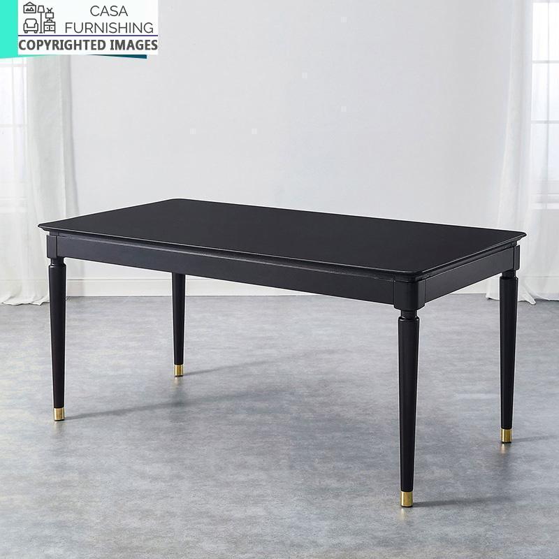 wooden-dining-table-set-2-1-1-1.jpg Sleek black rectangular dining table made of high-quality solid wood by Casa Furnishing. Professional studio shot of a modern wooden furniture piece with unique metallic leg details.