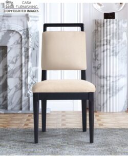 Modern solid wood dining chair with beige upholstery and a dark walnut finish, styled in a luxury living room by Casa Furnishing.