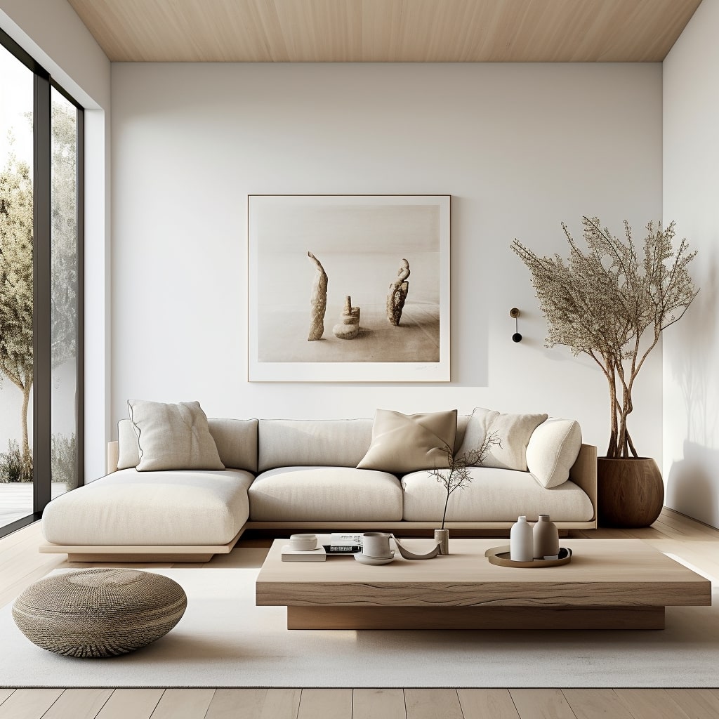 Scandinavian wooden sofa set in a minimalistic interior